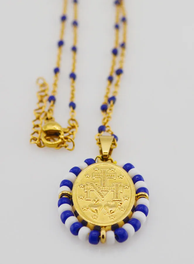 Religious Necklace with Beads and Miraculous Medal - Blue and White (pic 3)