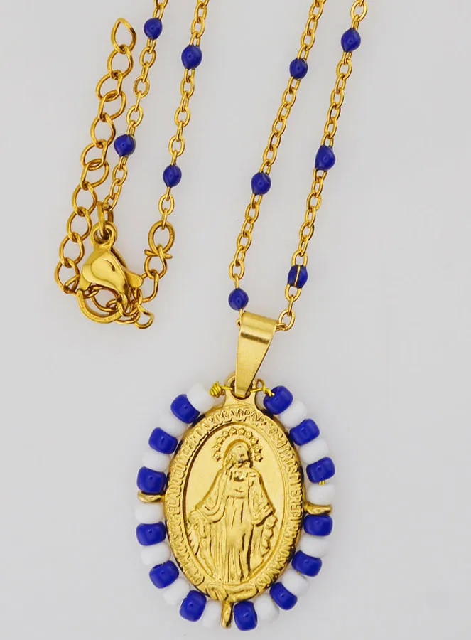 Religious Necklace with Beads and Miraculous Medal - Blue and White (pic 4)