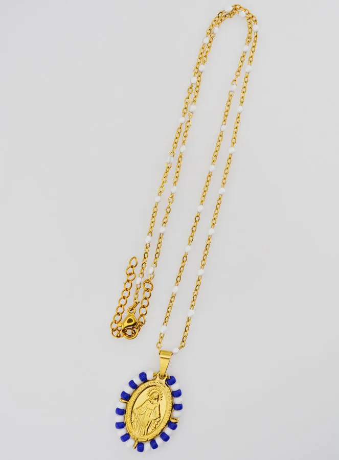 Religious Necklace with Beads and Miraculous Medal - Blue and White (pic 2)