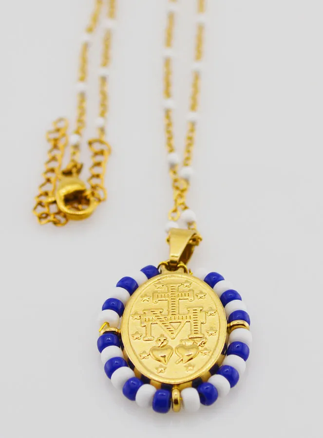 Religious Necklace with Beads and Miraculous Medal - Blue and White (pic 3)