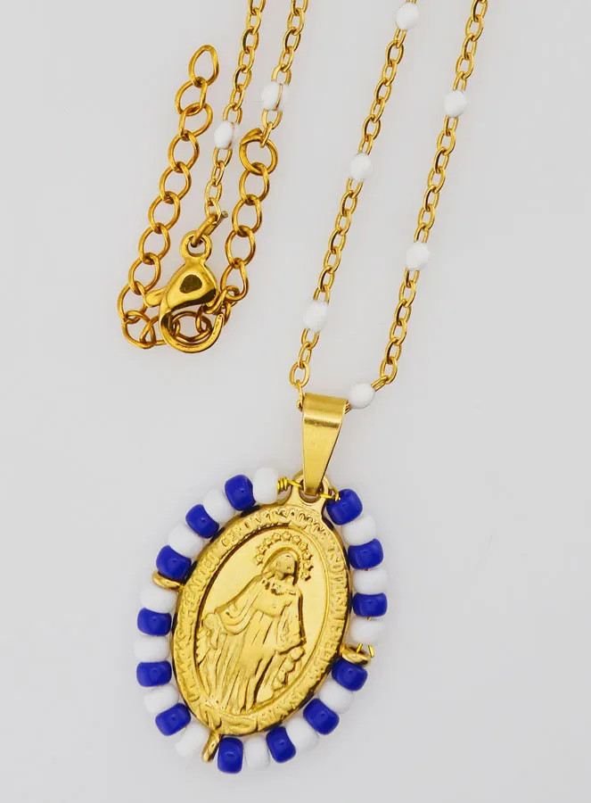 Religious Necklace with Beads and Miraculous Medal - Blue and White (pic 4)