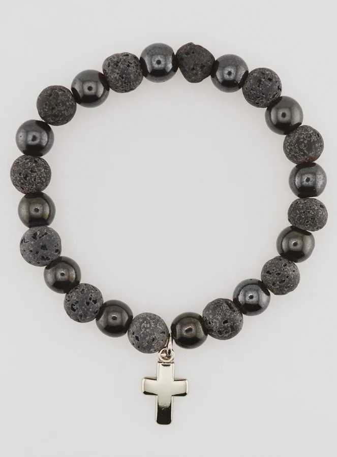 Bracelet with Cross - Hematite and Lava Stone (pic 1)
