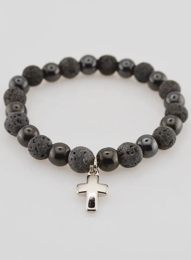 Bracelet with Cross - Hematite and Lava Stone (pic 2)