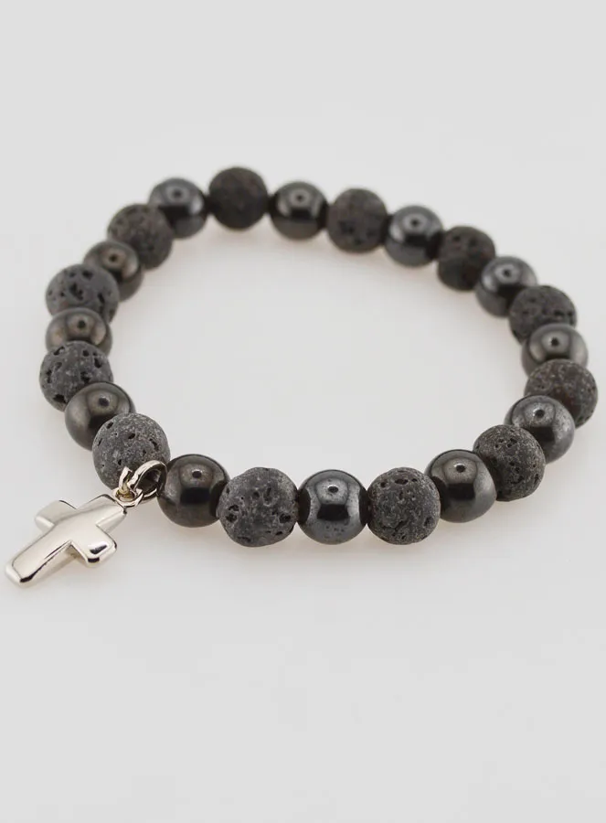 Bracelet with Cross - Hematite and Lava Stone (pic 3)