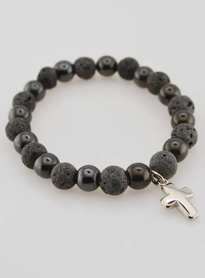 Bracelet with Cross - Hematite and Lava Stone (pic 4)