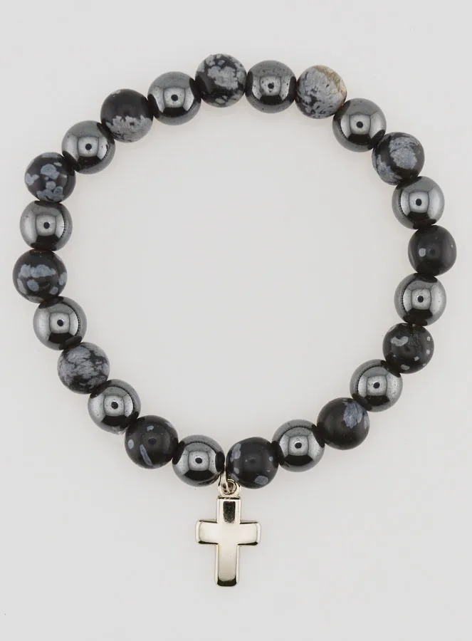 Bracelet with Cross - Hematite and Snowflake Obsidian (pic 1)