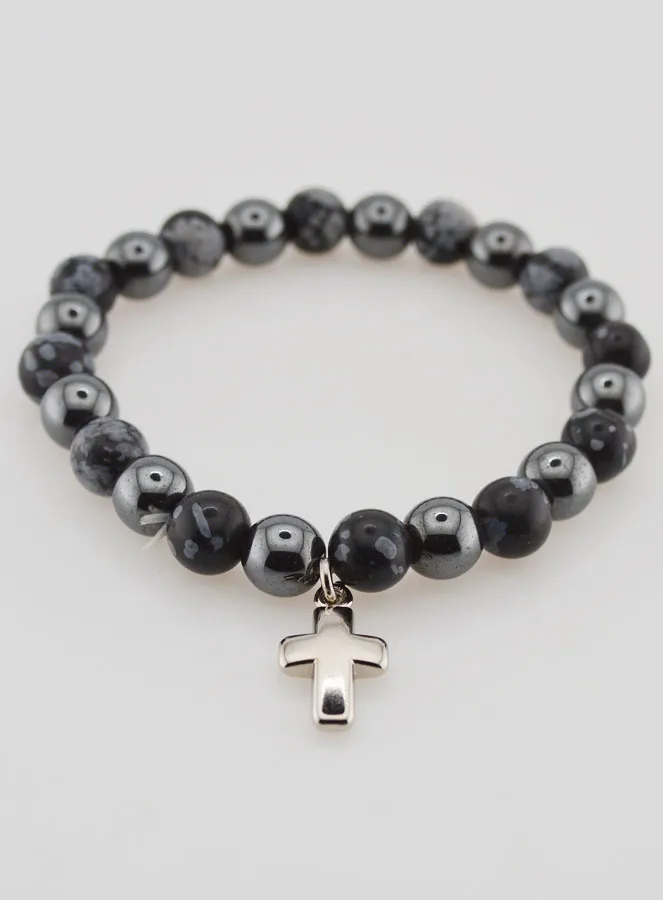 Bracelet with Cross - Hematite and Snowflake Obsidian (pic 2)