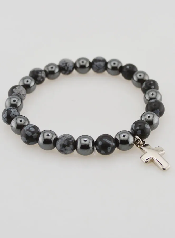 Bracelet with Cross - Hematite and Snowflake Obsidian (pic 4)