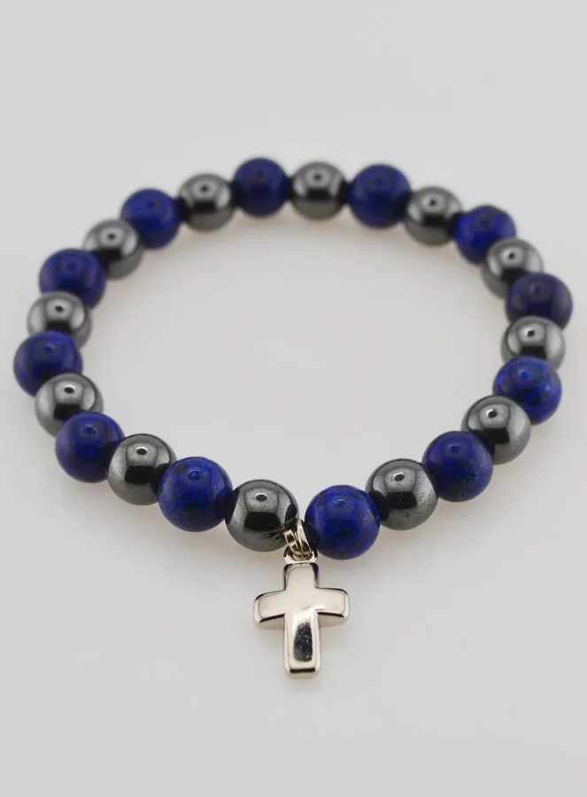 Bracelet with Cross - Hematite and Lapis Lazuli (pic 2)