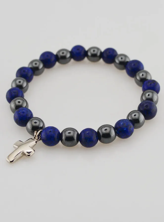 Bracelet with Cross - Hematite and Lapis Lazuli (pic 3)