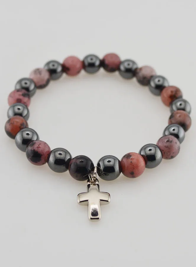 Bracelet with Cross - Hematite and Rhodonite (pic 2)