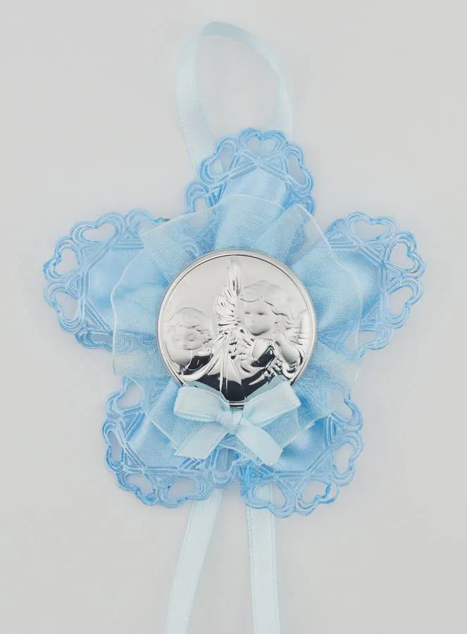 Christening Gift - Cradle Medal Blue Flower - Guardian Angel (pic 1)