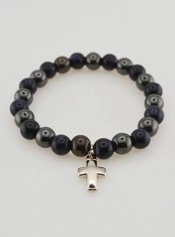 Bracelet with Cross - Hematite and Blue Sunstone (pic 2)