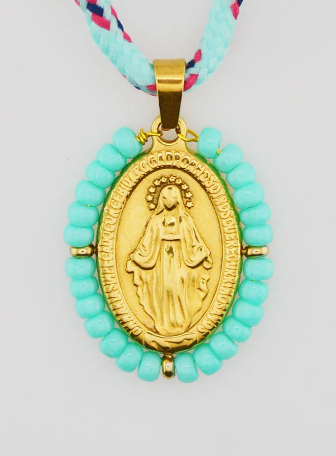 Miraculous Medal Green Beads and Cord (pic 1)
