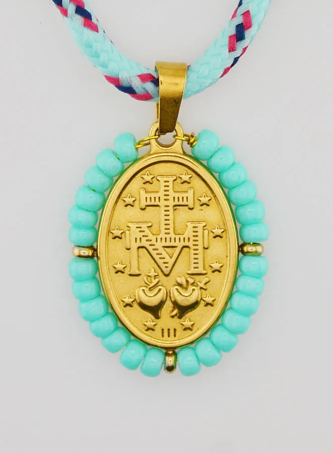Miraculous Medal Green Beads and Cord (pic 2)