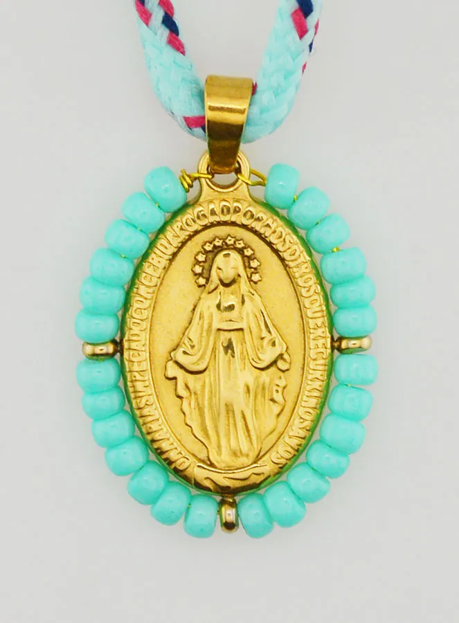 Cord Necklace Miraculous Medal with Green Beads (pic 1)