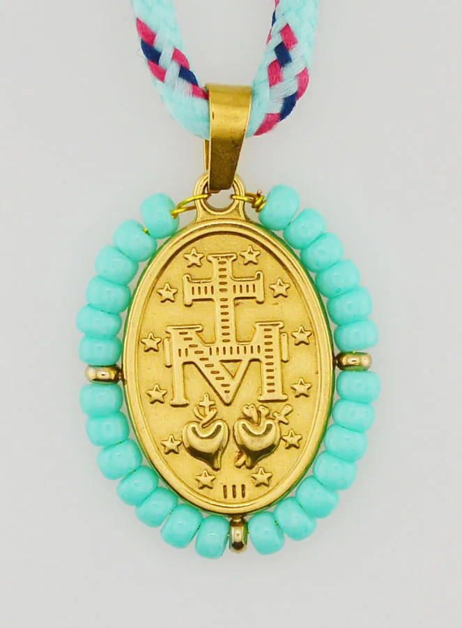 Cord Necklace Miraculous Medal with Green Beads (pic 2)