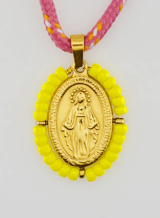 Miraculous Medal Yellow Beads and Cord (pic 1)