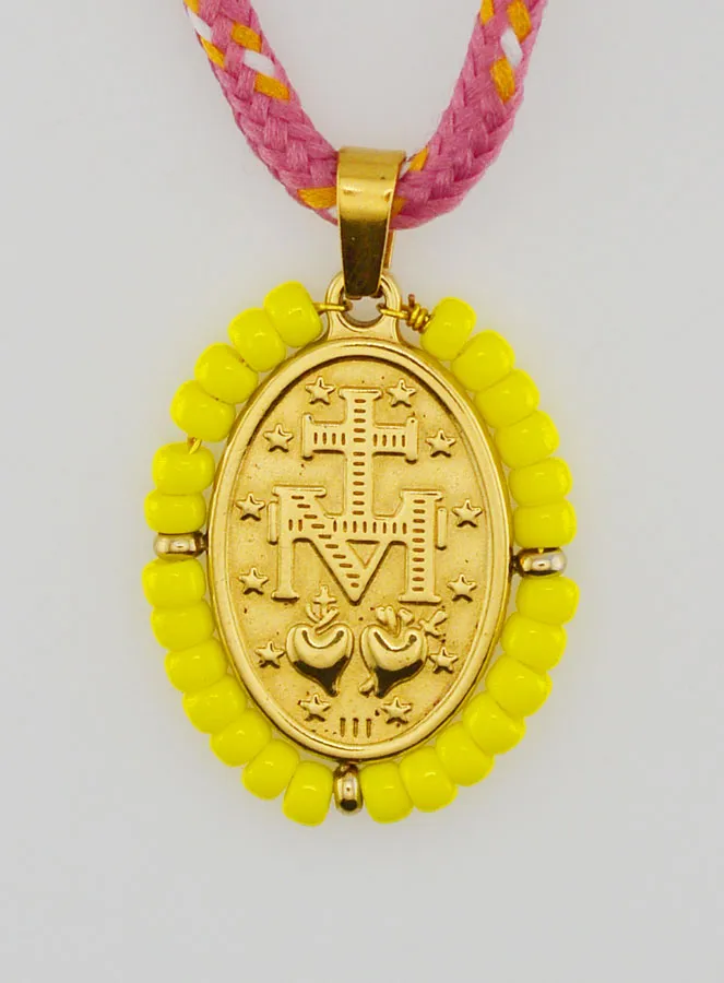 Miraculous Medal Yellow Beads and Cord (pic 2)