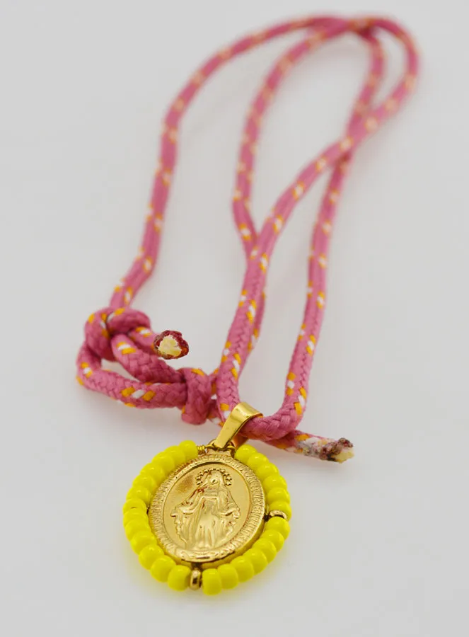 Miraculous Medal Yellow Beads and Cord (pic 4)