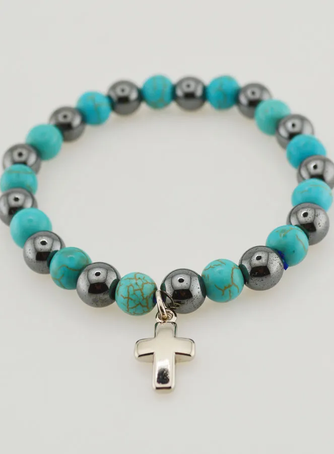 Religious Bracelet with Cross - Hematite and Turquoise (pic 2)