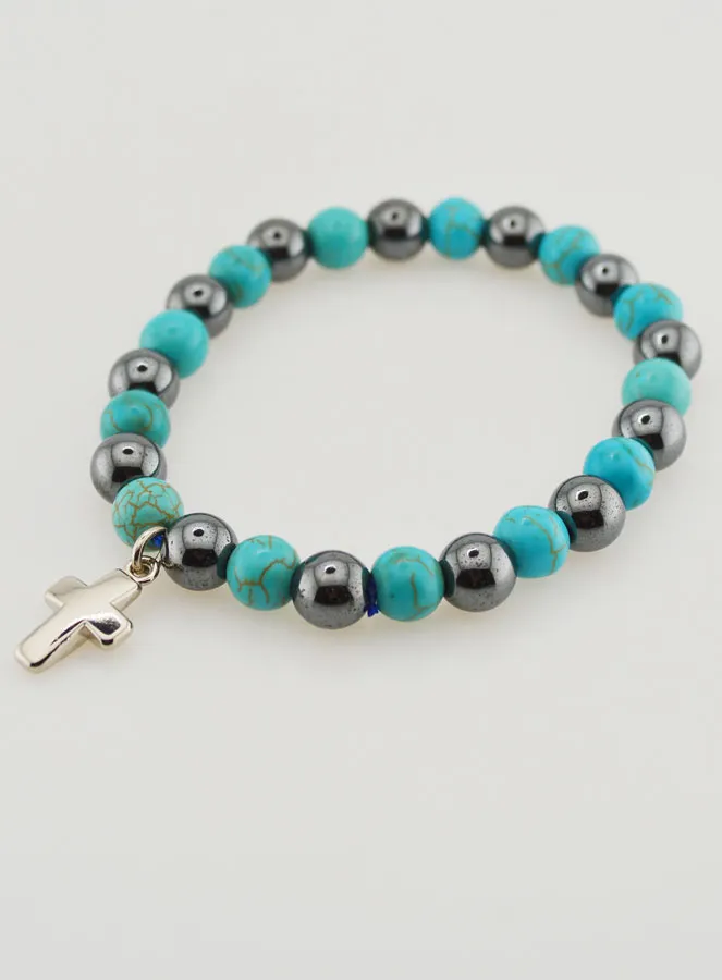 Religious Bracelet with Cross - Hematite and Turquoise (pic 3)