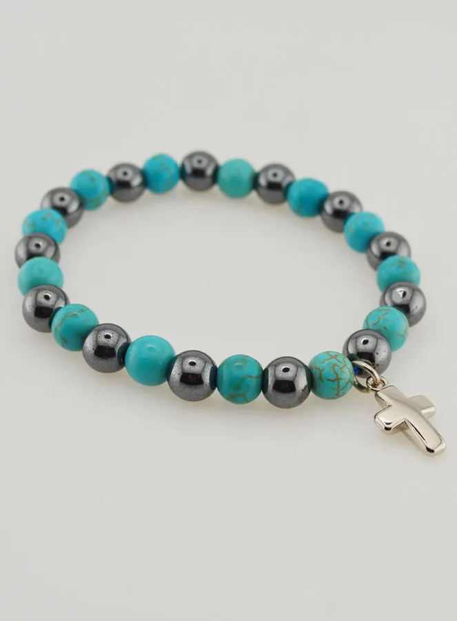 Religious Bracelet with Cross - Hematite and Turquoise (pic 4)
