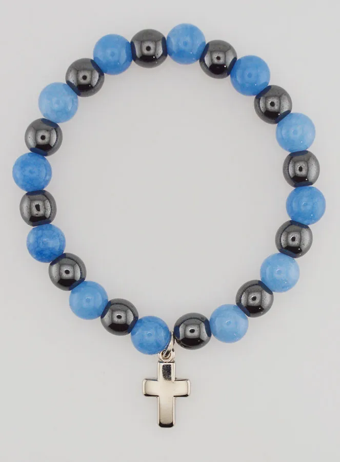 Religious Bracelet with Cross - Hematite and Angelite (pic 1)