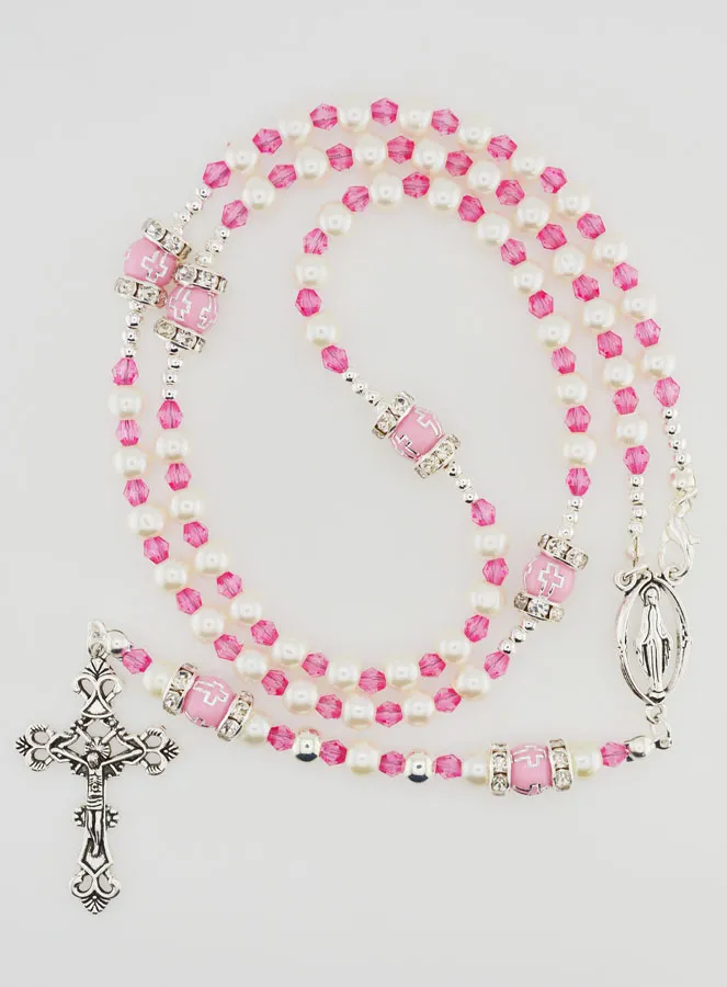 Virgin Mary Rosary with Clasp - Pink Beads (pic 1)