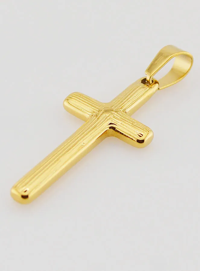 Striated Cross Pendant in Golden Stainless Steel - 35mm (pic 4)