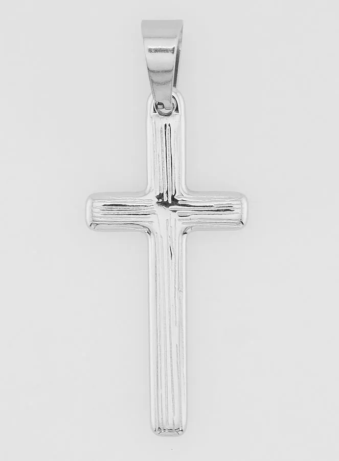 Striated Cross Pendant in Silvery Stainless Steel - 35mm (pic 1)