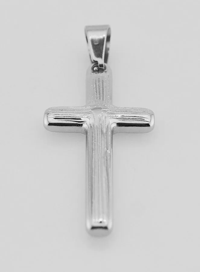 Striated Cross Pendant in Silvery Stainless Steel - 35mm (pic 2)