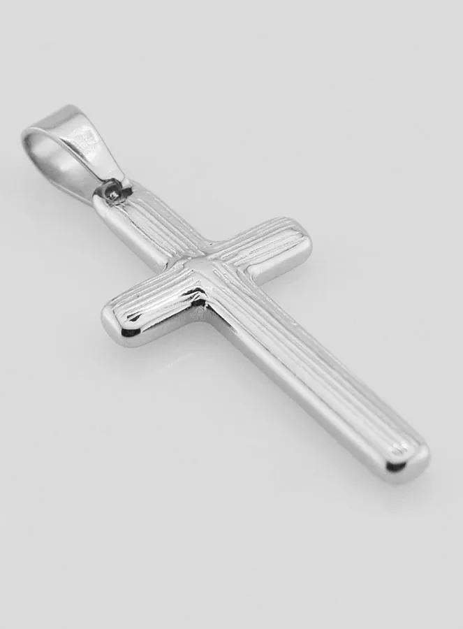 Striated Cross Pendant in Silvery Stainless Steel - 35mm (pic 3)