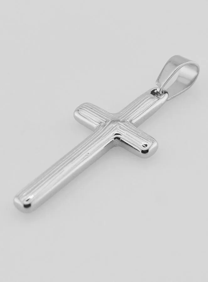 Striated Cross Pendant in Silvery Stainless Steel - 35mm (pic 4)