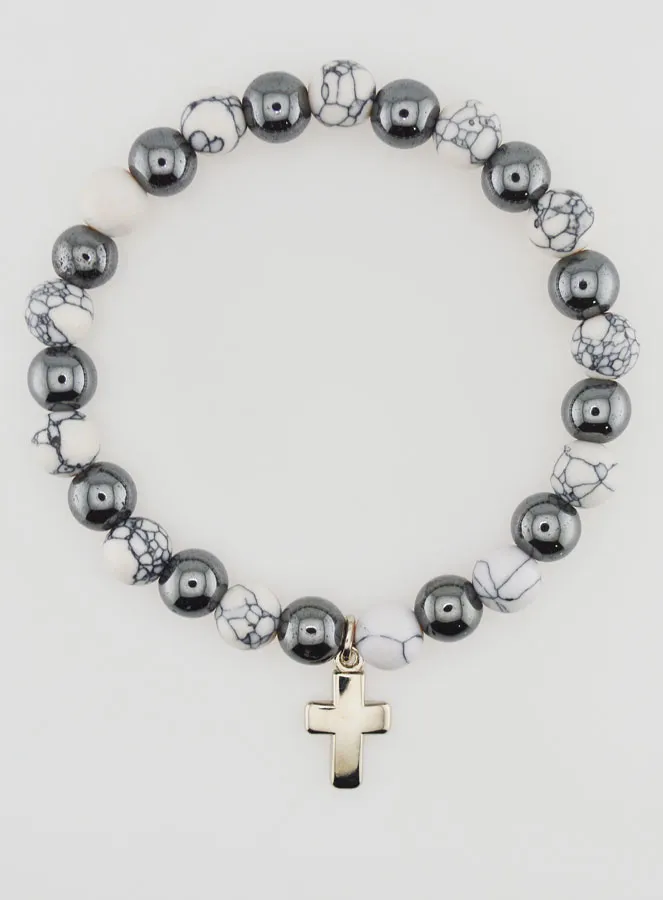 Religious Bracelet with Cross - Hematite and Howlite (pic 1)