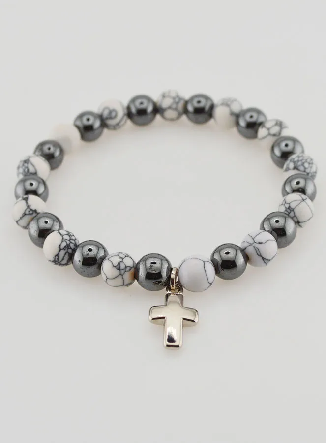 Religious Bracelet with Cross - Hematite and Howlite (pic 2)