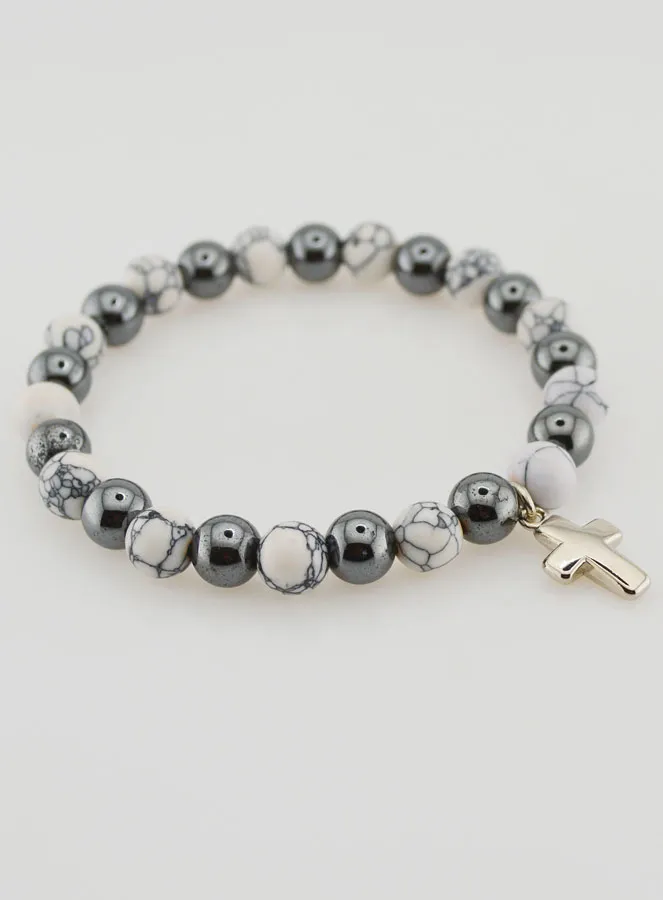 Religious Bracelet with Cross - Hematite and Howlite (pic 4)