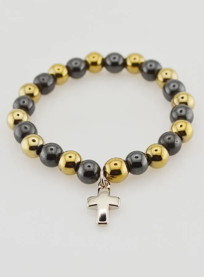 Religious Bracelet with Cross - Hematite and Pyrite (pic 2)