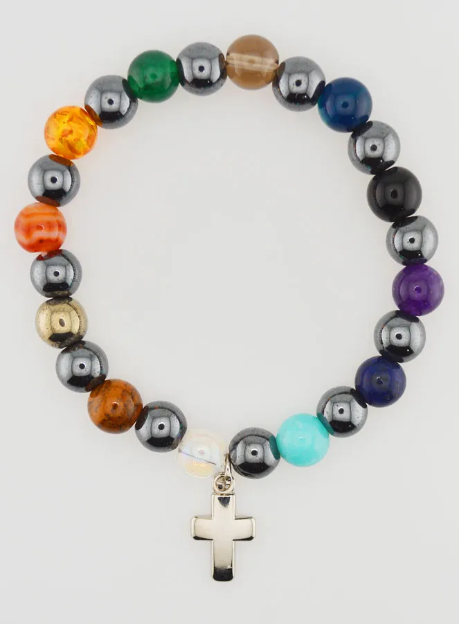 Religious Bracelet with Cross - Hematite and Stones (pic 1)