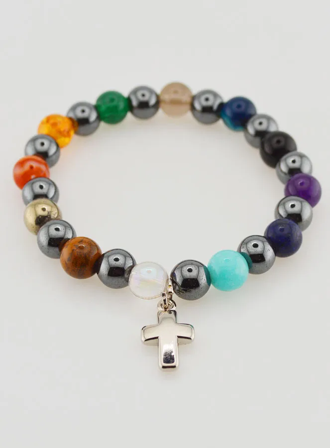 Religious Bracelet with Cross - Hematite and Stones (pic 2)