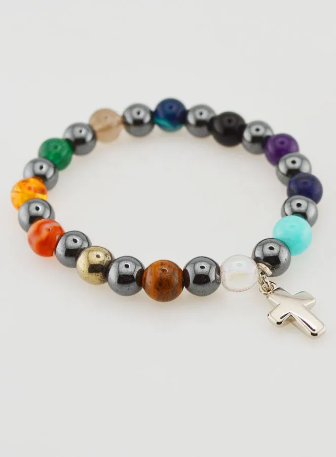 Religious Bracelet with Cross - Hematite and Stones (pic 3)
