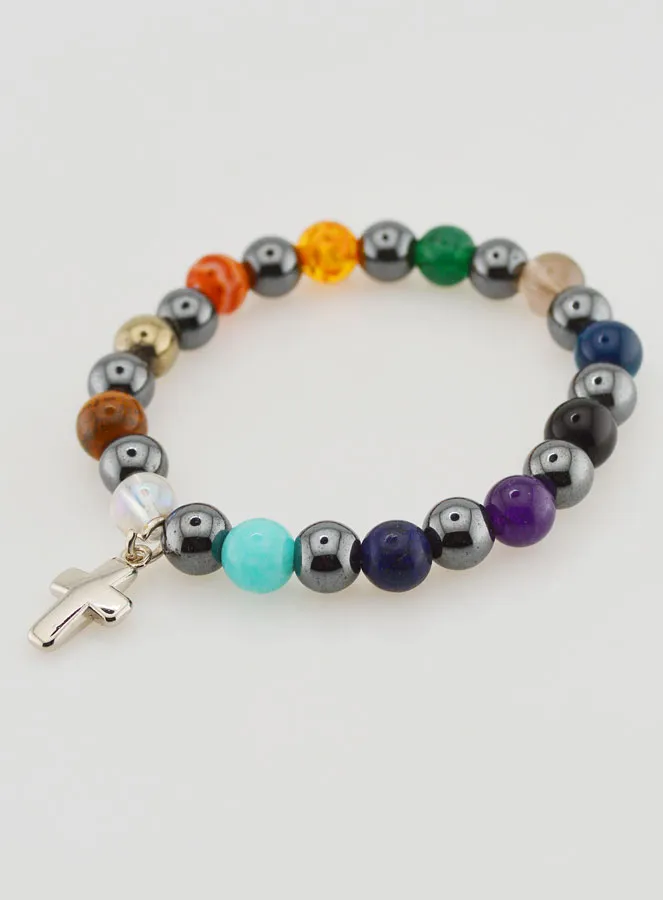 Religious Bracelet with Cross - Hematite and Stones (pic 4)