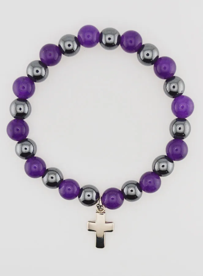Religious Bracelet with Cross - Hematite and Amethyst (pic 1)