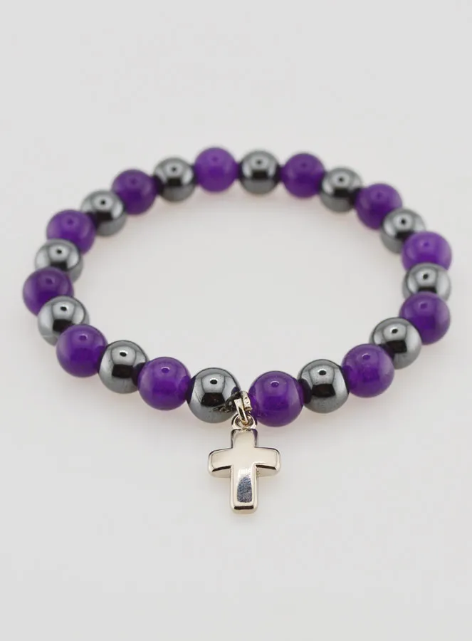 Religious Bracelet with Cross - Hematite and Amethyst (pic 2)