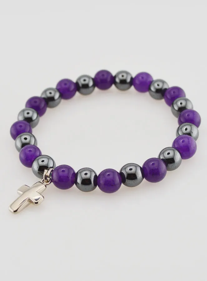 Religious Bracelet with Cross - Hematite and Amethyst (pic 3)