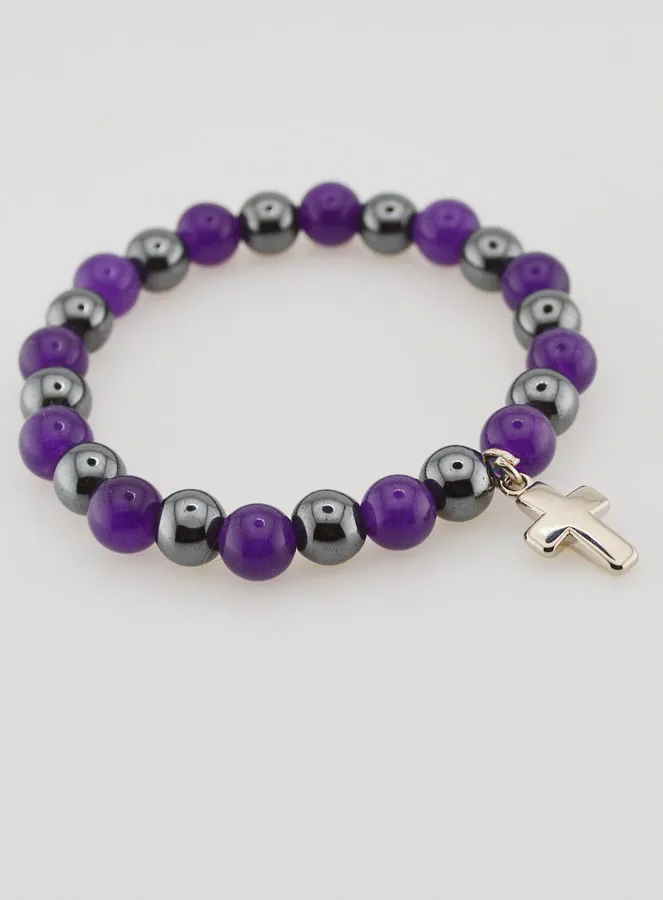 Religious Bracelet with Cross - Hematite and Amethyst (pic 4)