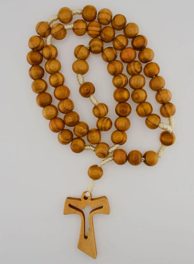 Olive Wood Rosary Large Beads - Tau Cross (pic 1)