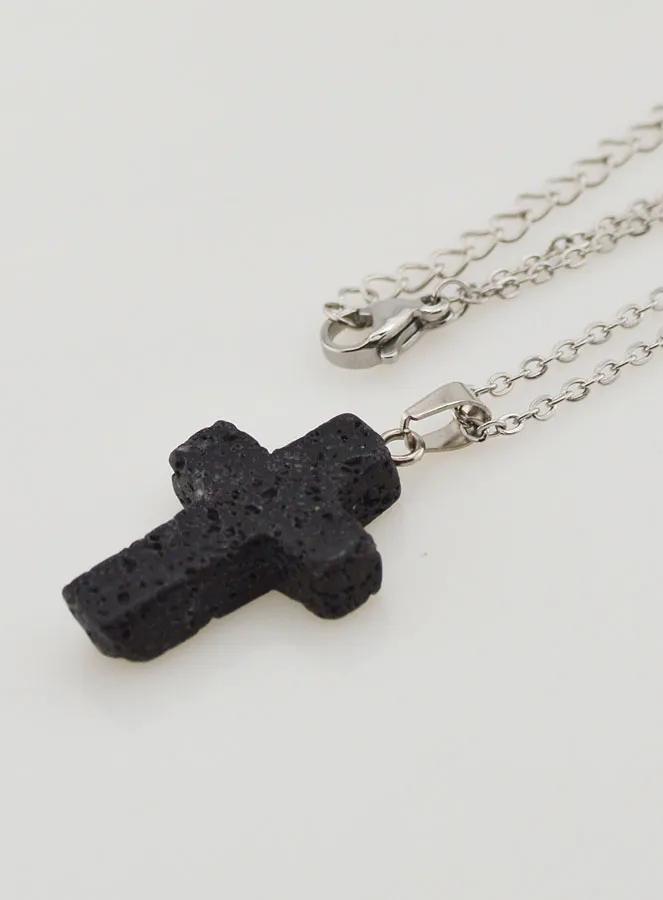 Religious Necklace in Stainless Steel with Lava Stone Cross (pic 1)