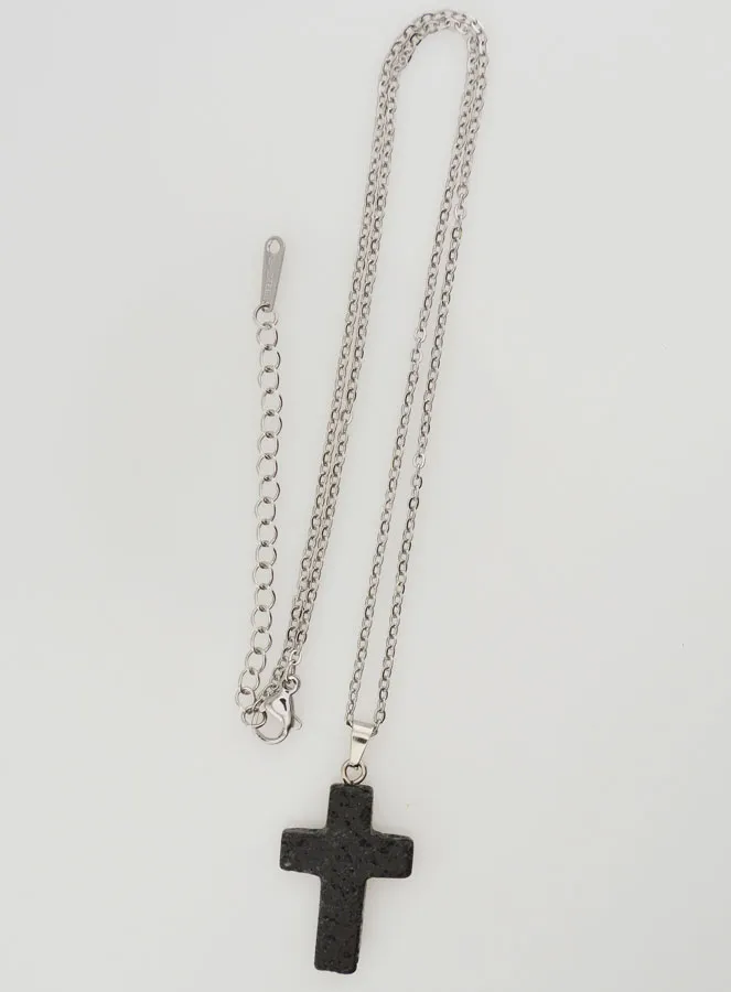 Religious Necklace in Stainless Steel with Lava Stone Cross (pic 2)