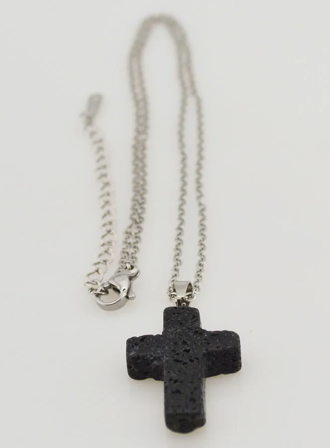 Religious Necklace in Stainless Steel with Lava Stone Cross (pic 3)